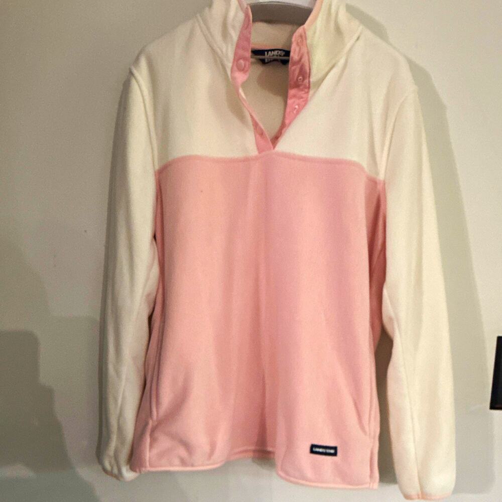 Lands' End Women’s Fleece Pullover Sweatshirt Colorblock Mock Neck Snap Pink M